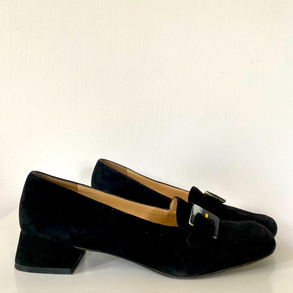 Ferragamo Vintage Black Suede Block Heel Loafers